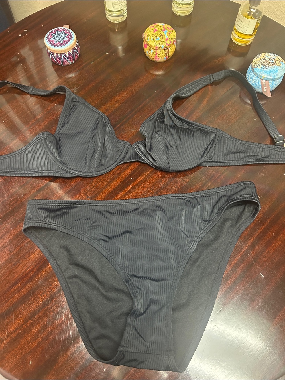 Shade & Shore Black Ribbed Underwire Bikini Set Top 36D Bottoms Large